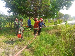 Babinsa Ramil 12/Prambon bantu padamkan kebakaran di lahan desa