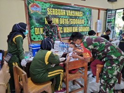 KODIM 0816 SIDOARJO DAN KORAMIL 0816/16 WARU GELAR SERBUAN VAKSIN BAGI SISWA/SISWI SDN 1, 2 WEDORO KEC. WARU