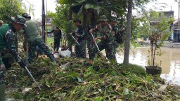 Koramil 0816/13 Wonoayu Bersama Forpimka Sidoarjo Gotong Royong Bersihkan Enceng Gondok di Desa Tanjungsari