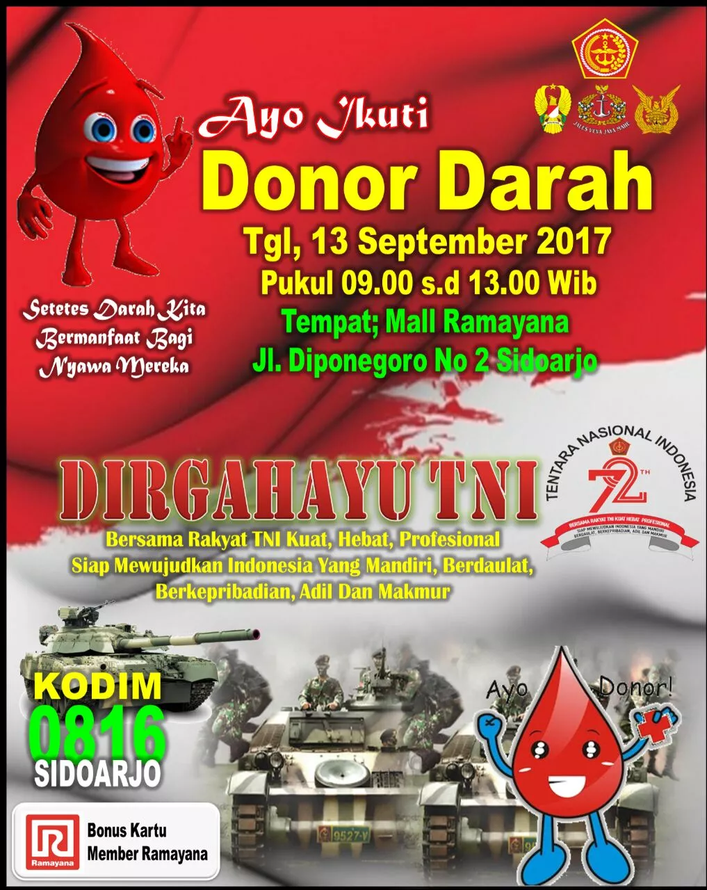 Donor Darah dalam rangka HUT TNI ke 72 Tahun 2017 di wilayah kodim 0816